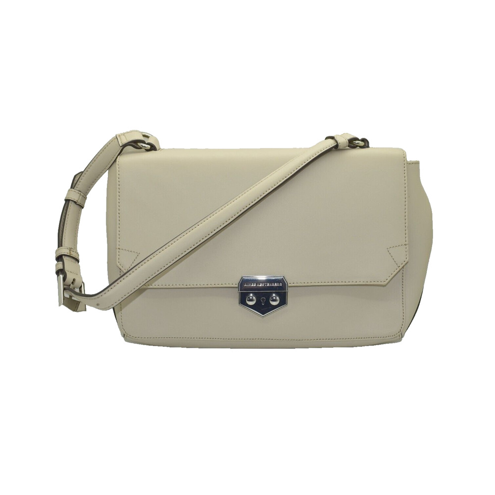B2 NEW AIMEE KESTENBERG Beige Leather Silvertone Slide Lock Flap Shoulder Bag